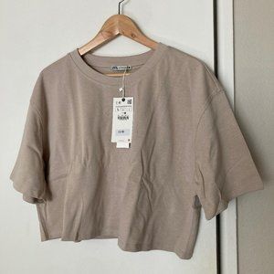 NWT Zara Crop Short Sleeve Tee Shirt L Taupe